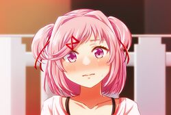  1girl black_eyeliner blush bra_strap collarbone dannoura doki_doki_literature_club eyebrows_hidden_by_hair fence hair_ornament hair_ribbon highres lips looking_at_viewer natsuki_(doki_doki_literature_club) nervous nose_blush pink_eyes pink_hair portrait red_ribbon ribbon shirt short_hair sidelocks solo sweatdrop swept_bangs twintails white_shirt x_hair_ornament 