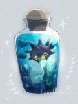  animal_focus artist_name bubble closed_eyes coral corked_bottle grey_background hanabusaoekaki highres kelp no_humans pincurchin pokemon pokemon_(creature) shell simple_background sparkle spikes water 