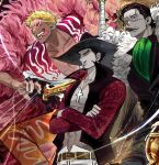 3boys ascot black_eyes black_hair blonde_hair capri_pants cigar coat crocodile_(one_piece) crossed_arms donquixote_doflamingo dracule_mihawk earrings ehghkwl1694 facial_hair feather_coat goatee green_ascot hair_slicked_back hat_feather high_collar highres hook_hand jewelry male_focus medium_hair multiple_boys muscular muscular_male mustache one_piece open_clothes open_mouth orange_pants pants patterned_clothing pink_coat red_shirt scar scar_on_face shirt short_hair sunglasses sword teeth thread tongue tongue_out weapon yellow_eyes yoru_(sword) 