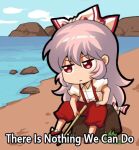 1girl beach bow chibi english_text fujiwara_no_mokou hair_bow jokanhiyou lowres meme ocean pants puffy_short_sleeves puffy_sleeves red_pants sand serious short_sleeves solo stick suspenders touhou white_bow