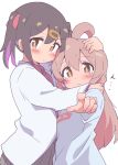  2girls ahoge black_hair blush brown_eyes commentary_request frown hair_between_eyes hair_ornament hair_ribbon hairclip hand_on_another&#039;s_head hatafuta highres hug lab_coat long_hair long_sleeves looking_at_viewer multicolored_hair multiple_girls onii-chan_wa_oshimai! oyama_mahiro oyama_mihari pink_hair pointing pointing_at_viewer purple_hair red_ribbon ribbon shirt siblings simple_background sisters t-shirt tearing_up twintails two-tone_hair white_background white_shirt 
