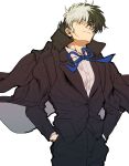  1boy black_coat black_hair black_jack_(character) black_jack_(series) black_pants black_vest blue_ribbon coat coat_on_shoulders collared_shirt frown hands_in_pockets highres long_sideburns long_sleeves looking_at_viewer male_focus mame_moyashi multicolored_hair neck_ribbon open_clothes open_coat pants patchwork_skin red_eyes ribbon scar scar_on_cheek scar_on_face shirt short_hair sideburns simple_background solo split-color_hair stitched_face stitches two-tone_hair vest white_background white_hair white_shirt wing_collar 