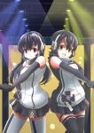  2girls african_penguin_(kemono_friends) black_hair elbow_gloves gloves hane_(kirschbaum) headphones highres hood hoodie humboldt_penguin_(kemono_friends) kemono_friends kemono_friends_v_project kneehighs long_hair looking_at_viewer microphone multiple_girls penguin_girl penguin_tail purple_hair short_hair skirt sleeveless socks tail virtual_youtuber white_hair yellow_eyes zipper 