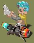  1boy blue_hair commentary_request green_background grey_eyes grey_sleeves gun hair_ornament hairclip moguko mohawk octoling octoling_boy putting_on_shoes range_blaster_(splatoon) shirt shoes short_hair solo splatoon_(series) splatoon_3 weapon white_footwear yellow_shirt 