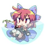  1girl black_footwear black_shirt blue_bow bow chibi cloak commentary full_body hair_bow isu_(is88) long_sleeves looking_at_viewer open_mouth palm_tree partially_submerged red_eyes redhead sekibanki shirt short_hair solo touhou tree upper_body 