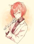  1boy akazaki_(sxlan) animal_ears black_shirt cat_boy cat_ears closed_mouth coat ensemble_stars! highres holding holding_wrench long_sleeves looking_at_viewer male_focus multicolored_hair paw_print redhead sakasaki_natsume shirt short_hair_with_long_locks smile solo turtleneck white_coat white_hair wrench yellow_eyes 