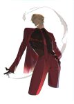  1boy absurdres black_gloves black_shirt cigarette dr11ge gloves hand_on_own_hip highres looking_down necktie one_piece pants red_necktie red_pants red_suit sanji_(one_piece) shirt smoke_trail suit white_background 