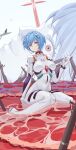  absurdres ayanami_rei blue_hair bodysuit breasts corpse curvy end_of_evangelion expressionless giant giantess highres interface_headset lilith_(ayanami_rei) lilith_(evangelion) luai medium_breasts multiple_others neon_genesis_evangelion plugsuit red_eyes shiny_clothes short_hair simple_background sitting skin_tight sky white_background white_bodysuit wide_hips 