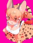  1girl animal_ears bow bowtie brown_eyes brown_hair cat_ears cat_girl cat_tail extra_ears highres kemono_friends kemono_friends_v_project kneehighs large-spotted_genet_(kemono_friends) long_hair looking_at_viewer pink_background ribbon shirt simple_background skirt socks solo tail virtual_youtuber y0whqzz8bkslezl 