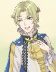  alfred_(fire_emblem) ascot blonde_hair blue_cape cape circlet fire_emblem fire_emblem_engage flower green_eyes hair_flower hair_ornament highres male_focus open_mouth prince solo tea6043 teeth upper_teeth_only yellow_ascot 