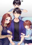  2boys 2girls :i :t aged_up antenna_hair aqua_shirt arm_hug black_hair black_shirt blue_eyes blush breasts brown_hair brown_sweater casual child closed_mouth commentary couch couple cowboy_shot eyebrows_hidden_by_hair eyelashes family father_and_daughter father_and_son forehead frown go-toubun_no_hanayome grey_background hair_between_eyes hair_bobbles hair_ornament hetero highres husband_and_wife if_they_mated jewelry kurosaki_coco large_breasts long_hair long_sleeves looking_at_another looking_at_viewer low_twintails mother_and_daughter mother_and_son multiple_boys multiple_girls nakano_miku on_couch parted_bangs pout ring shirt short_hair short_twintails signature sitting sleeves_past_wrists sleeves_rolled_up squiggle sun sweatdrop sweater turtleneck turtleneck_sweater twintails uesugi_fuutarou upturned_eyes v-shaped_eyebrows wedding_ring yellow_eyes 