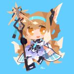  1girl :d animal_ears arknights bare_shoulders black_footwear black_gloves blue_background blue_hairband blush braid braided_hair_rings brown_hair chibi clothing_cutout colored_tips commentary_request dress earpiece fox_ears fox_girl fox_tail full_body gloves hair_rings hairband highres holding holding_staff kitsune kyuubi looking_at_viewer multicolored_hair multiple_tails nuu_(nu-nyu) open_mouth oripathy_lesion_(arknights) purple_dress short_hair short_sleeves shoulder_cutout simple_background single_glove single_wrist_cuff smile solo staff suzuran_(arknights) tail teeth thick_eyebrows twin_braids upper_teeth_only wrist_cuffs yellow_eyes 