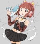 2girls animal_ear_headphones animal_ears armband armpit_crease bare_back bare_shoulders black_arm_warmers black_shirt black_skirt black_thighhighs blue_armband blue_hair blue_tail blunt_bangs blunt_ends cat_ear_headphones cat_ear_smartphone_case cat_ears cat_girl cat_tail cellphone choker colored_inner_animal_ears commentary cowboy_shot cross cross-laced_clothes cross-laced_top cross_necklace detached_sleeves dot_nose eye_contact fake_animal_ears fingerless_gloves flat_chest floating_hair frilled_skirt frills gloves gothic_lolita grey_background headphones heart heart_choker highres holding holding_phone jewelry leaning_back light_blue_hair light_blush lolita_fashion long_hair long_sleeves looking_at_another loose_hair_strand medium_hair midriff mini_person minigirl miniskirt multiple_girls nagomurasan nail_polish navel necklace open_mouth original phone pink_headphones pleated_skirt red_arm_warmers red_eyes red_nails redhead shirt sidelocks signature skirt sleeveless smartphone smartphone_case smoke spaghetti_strap standing striped_arm_warmers sweat symbol-only_commentary tail thigh-highs through_screen v-shaped_eyebrows white_sleeves white_swimsuit zettai_ryouiki 