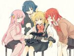  4girls blonde_hair blue_hair bocchi_the_rock! cube_hair_ornament fuji_1221 gotoh_hitori guitar hair_ornament highres holding holding_instrument ijichi_nijika instrument kita_ikuyo multiple_girls pink_hair pink_track_suit redhead sweatdrop yamada_ryo 