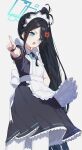  1girl absurdres anger_vein angry apron aris_(blue_archive) aris_(maid)_(blue_archive) black_dress black_hair blue_archive blue_eyes blue_halo bright_pupils commentary dress dunggeul_dunggeul frilled_apron frills halo hand_on_own_hip hand_up highres long_hair maid_apron maid_headdress pantyhose pointing pointing_at_viewer short_sleeves side_ponytail simple_background solo swept_bangs symbol-only_commentary v-shaped_eyebrows very_long_hair white_background white_pantyhose white_pupils 