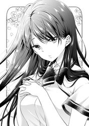  1girl bow breasts closed_mouth collared_shirt dress_shirt floral_background greyscale hands_up highres ice_cream_kanojo interlocked_fingers kawai_miruku kuune_rin long_hair looking_at_viewer medium_breasts monochrome own_hands_together petals school_uniform shirt short_sleeves solo upper_body 