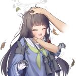  1girl 1other binoculars black_gloves black_hair blue_archive blue_shirt blunt_bangs blunt_ends blush closed_eyes commentary_request disembodied_limb falling_leaves gloves green_neckerchief grey_halo halo hands_up headpat highres leaf long_hair long_sleeves miyu_(blue_archive) morishin546 neckerchief open_mouth sailor_collar school_uniform serafuku shirt sidelocks simple_background solo_focus squishing upper_body very_long_hair wavy_mouth white_background white_sailor_collar 