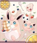 :d :o animal_focus blue_eyes blueberry colored_skin commentary_request evolutionary_line food fork fruit hanabusaoekaki highres holding holding_plate igglybuff jigglypuff letterboxed no_humans orange_(fruit) orange_slice pancake pink_background pink_skin plate pokemon pokemon_(creature) red_eyes smile spoon strawberry striped striped_background tongue tongue_out wigglytuff 