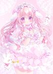  1girl absurdres animal_ears bare_legs blush bow bowtie breasts chiika_(cure_cherish) dress hair_bow highres large_breasts long_hair looking_at_viewer original pink_dress pink_eyes pink_hair rabbit rabbit_ears ribbon scrunchie short_sleeves wand wrist_scrunchie 