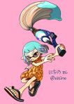  artist_name black_footwear blue_hair chewing coat fish_bone highres holding holding_weapon inkbrush_(splatoon) inkling inkling_girl orange_coat paintbrush pink_background red_eyes sandals short_hair simple_background sleeveless sleeveless_coat splatoon_(series) splatoon_3 weapon xdies_ds 