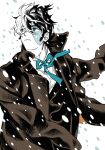  1boy black_hair black_jack_(character) black_jack_(series) blue_eyes blue_ribbon brown_coat closed_mouth coat coat_on_shoulders collared_shirt frown highres long_sideburns long_sleeves looking_ahead male_focus mame_moyashi multicolored_hair neck_ribbon patchwork_skin ribbon scar scar_on_face shirt short_hair sideburns simple_background snow snowing solo split-color_hair stitched_face stitches two-tone_hair upper_body white_background white_hair white_shirt wind wing_collar 