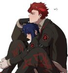  2boys alcryst_(fire_emblem) blue_hair brothers closed_mouth diamant_(fire_emblem) fire_emblem fire_emblem_engage gloves highres jacket long_sleeves looking_to_the_side male_focus multiple_boys official_alternate_costume red_eyes short_hair siblings tzar_game white_background white_gloves 