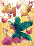  animal_focus artist_name banana banana_milk banana_peel bird colored_skin commentary_request food fruit hanabusaoekaki highres leaf milk no_humans oricorio oricorio_(pom-pom) pink_skin pokemon pokemon_(creature) psyduck slowpoke solid_oval_eyes sparkle striped striped_background tropius upside-down wings yellow_background yellow_skin 