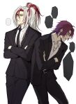  2boys belt black_belt black_jacket black_necktie black_pants black_suit crossed_arms earrings formal green_eyes heartsteel_kayn heartsteel_yone highres jacket jewelry kayn_(league_of_legends) league_of_legends long_hair male_focus multicolored_hair multiple_boys necktie official_alternate_hairstyle pants ponytail purple_hair redhead shirt short_hair simple_background smile standing suit two-tone_hair white_background white_hair white_shirt yone_(league_of_legends) zyrophin 