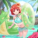  1girl :d bare_shoulders beach bikini bikini_skirt blue_bikini blue_sky blush clouds collarbone fire_emblem fire_emblem:_mystery_of_the_emblem flower green_innertube hair_flower hair_ornament hairband haru_(nakajou-28) hibiscus holding holding_innertube inflatable_raft inflatable_toy innertube jewelry looking_at_viewer maria_(fire_emblem) necklace palm_tree partially_submerged pendant red_eyes redhead short_hair sky smile solo stomach swimsuit tree water 