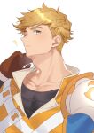  1boy ? armor black_shirt blonde_hair brown_gloves closed_mouth collared_shirt gloves granblue_fantasy green_eyes higashigunkan looking_at_viewer male_focus orange_shirt pauldrons shirt short_hair shoulder_armor simple_background single_pauldron solo vane_(granblue_fantasy) white_background 