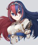  1girl alear_(female)_(fire_emblem) alear_(fire_emblem) blue_eyes blue_hair closed_mouth commentary crossed_bangs eyelashes fire_emblem fire_emblem_engage hair_between_eyes heterochromia highres long_hair looking_at_viewer multicolored_hair red_eyes redhead sakura_no_yoru smile solo tiara two-tone_hair upper_body white_background 