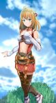  1girl blonde_hair breasts closed_mouth clouds detached_sleeves feet_out_of_frame fiora_(xenoblade) grass green_eyes hair_ribbon highres long_hair looking_at_viewer midriff miniskirt navel ribbon samu_poteto skirt smile solo thigh-highs xenoblade_chronicles_(series) xenoblade_chronicles_1 