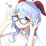  1girl alternate_costume blue_hair blush choker ganyu_(genshin_impact) genshin_impact glasses harupipipi4 heart horns long_hair looking_at_viewer o3o shirt solo white_background white_choker white_shirt yellow_eyes 