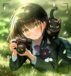 1girl \r\nschool_uniform black_cat bow bowtie camera cat ear_piercing earrings green_eyes green_hair green_jacket highres holding holding_camera jacket jewelry looking_at_viewer lying on_grass on_stomach original piercing pleated_skirt red_bow red_bowtie single-lens_reflex_camera skirt smile solo tasuku_(otomebotan) viewfinder white_shirt
