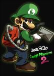  1boy backpack bag black_background blue_eyes blue_overalls blue_pants brown_footwear brown_hair clenched_teeth commentary_request copyright_name dated facial_hair from_behind full_body gloves green_headwear green_shirt hand_up hat holding_vacuum_cleaner kinashi long_sleeves looking_at_viewer luigi luigi&#039;s_mansion luigi&#039;s_mansion:_dark_moon male_focus mustache overalls pants poltergust_5000 raised_eyebrows scared shirt shoes short_hair simple_background solo standing super_mario_bros. teeth vacuum_cleaner white_gloves 