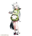  1girl ahoge animal_ear_fluff animal_ears apron blush braid commentary_request earrings fox_ears fox_girl fox_tail green_eyes green_shirt hair_between_eyes holding holding_plate hololive jewelry long_hair looking_at_viewer official_art open_mouth pentagram plate shirakami_fubuki shirt sidelocks simple_background single_braid slippers smile socks solo tail thigh_strap virtual_youtuber white_background white_hair white_socks yumesaki_nana 
