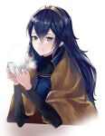  1girl ameno_(a_meno0) black_sweater blanket blue_eyes blue_hair blush closed_mouth cup fire_emblem fire_emblem_awakening hair_between_eyes holding holding_cup long_hair long_sleeves looking_at_viewer lucina_(fire_emblem) ribbed_sweater simple_background smile solo steam sweater teacup tiara turtleneck turtleneck_sweater white_background 