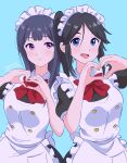  2girls absurdres alternate_costume apron black_hair blue_background blue_eyes bow bowtie closed_mouth enmaided heart heart_hands hibike!_euphonium highres kasaki_nozomi liz_to_aoi_tori long_hair looking_at_viewer maid maid_apron maid_headdress multiple_girls open_mouth ponytail red_bow red_bowtie smile tsunemoku violet_eyes yoroizuka_mizore 