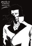  1boy arrancar artist_name beard_stubble black_background black_hair bleach collarbone collared_jacket copyright_name dated highres hollow_(bleach) jacket jawbone looking_at_viewer loose_hair_strand male_focus monochrome open_collar parted_lips rlawnsgr7 shaded_face signature solo teeth upper_body 