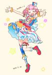  1girl blue_bow bow bracelet closed_eyes dress frilled_dress frills jewelry multicolored_clothes multicolored_dress nakai_ann ootori_emu open_mouth pink_footwear pink_hair pop_in_my_heart!!_(project_sekai) project_sekai shoes short_hair simple_background single_thighhigh smile solo standing standing_on_one_leg thigh-highs thigh_strap white_background white_bow 