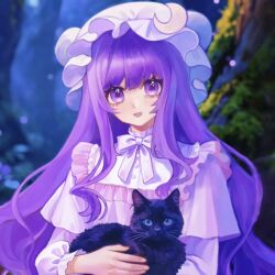  1girl adapted_costume animal black_cat bow bowtie capelet cat chinese_commentary commentary_request crescent crescent_hat_ornament dress hat hat_ornament highres holding holding_animal holding_cat long_hair long_sleeves looking_at_viewer mob_cap open_mouth outdoors patchouli_knowledge pink_bow pink_bowtie pink_capelet pink_dress pink_hat purple_hair smile solo touhou tree upper_body violet_eyes zhen_zi_bu_wang_wa_jing_ren 