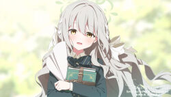 1girl aoi_thomas blue_archive blush book collared_shirt commentary_request green_hair green_halo green_jacket hair_between_eyes hair_flowing_over hair_ribbon halo holding holding_book holding_paper jacket long_hair long_sleeves looking_at_viewer miyo_(blue_archive) open_mouth paper ribbon shirt smile solo white_ribbon white_shirt wide_shot yellow_eyes 