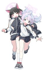  2girls ahoge animal_ears black_hair blue_archive blue_hair blush cat_ears cat_girl colored_inner_animal_ears colored_inner_hair extra_ears full_body fuyubone gym_uniform hair_ornament halo highres kazusa_(blue_archive) long_hair long_sleeves multicolored_hair multiple_girls open_mouth pink_hair pink_halo purple_hair red_eyes reisa_(blue_archive) short_hair simple_background star_(symbol) star_hair_ornament star_halo three-legged_race twintails two-tone_hair violet_eyes white_background 