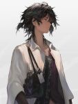  1boy arknights bag black_hair black_shirt coat dark-skinned_male dark_skin frown geebee_79 grey_background handbag highres lab_coat looking_at_viewer male_focus shirt short_hair short_ponytail simple_background solo thorns_(arknights) white_coat yellow_eyes 