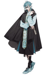  1boy absurdres aqua_hair chinese_clothes cloak commentary_request contemporary_traditional_clothes crop_top eyewear_strap folding_fan full_body hand_fan hand_on_own_shoulder highres holding holding_fan kneehighs long_sleeves male_focus medium_hair nanoka_san original parted_lips pelvic_curtain pince-nez pink_eyes puffy_long_sleeves puffy_sleeves shoes shorts side_slit side_slit_shorts smile sneakers socks solo standing wolf_cut 