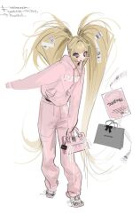  1girl :d bag bag_ribbon baggy_clothes baggy_pants balenciaga banjinnnnn blue_eyes blush_stickers colored_sclera copyright_name duct_tape english_commentary fashion flipped_sidelocks floating floating_bag floating_object full_body grey_bag grey_shoes hair_flaps hair_ornament handbag holding holding_bag hood hood_down hoodie long_hair long_sidelocks loose_hair_strand messy_hair multicolored_shoes outstretched_arm pants pink_bag pink_hoodie pink_sclera pink_shoes playboy ribbon shoes shopping_bag sidelocks sketch sleeves_past_fingers sleeves_past_wrists smile sneakers sweatpants tuzs_(banjinnnnn) twintails two-tone_shoes very_long_hair white_ribbon 