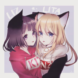  2girls :p animal_ears black_jacket blonde_hair border cat_ears cat_girl character_name commentary_request dog_ears dog_girl grey_background hood hoodie jacket kmnz lita_(kmnz) liz_(kmnz) long_hair looking_at_viewer medium_hair multiple_girls off_shoulder outside_border pink_eyes pink_hoodie raru_ka_(310lalka) simple_background tongue tongue_out upper_body violet_eyes virtual_youtuber white_border white_hoodie 