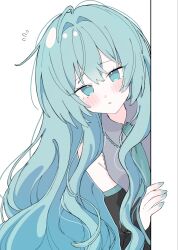  1girl aqua_eyes aqua_hair aqua_nails aqua_necktie bare_shoulders blush commentary_request detached_sleeves grey_shirt hatsune_miku highres long_hair looking_at_viewer nail_polish necktie parted_lips piyori_tori shirt simple_background sleeveless sleeveless_shirt solo very_long_hair vocaloid white_background 