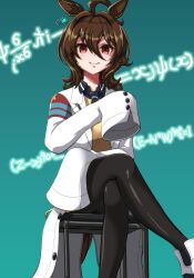  1girl agnes_tachyon_(tach-nology)_(umamusume) agnes_tachyon_(umamusume) ahoge animal_ears black_necktie black_pantyhose brown_hair chair closed_mouth coat commentary_request crossed_legs earrings equation hair_between_eyes highres horse_ears horse_girl horse_tail jewelry lab_coat long_sleeves medium_hair musan_(mu34mi) necktie on_chair pantyhose red_eyes shirt shoes short_necktie single_earring sitting sleeves_past_fingers sleeves_past_wrists smile solo sweater tail umamusume white_coat white_shoes wolf_cut yellow_sweater 