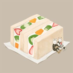  1boy 1girl bento black_sweater black_vest boots brown_boots commentary_request cup food food_focus fruit fruit_sandwich furry grey_background grey_hoodie heart highres holding holding_bento holding_cup hood hoodie kiwi_(fruit) kiwi_slice napkin orange_(fruit) orange_slice original oversized_food oversized_object rabbit_boy rabbit_girl rabbitsandhurricane red_mug shoes simple_background sitting strawberry strawberry_slice sweater vest white_shoes 